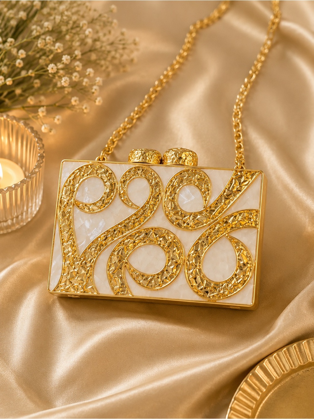 Gold and Ivory Embellished Box Clutch